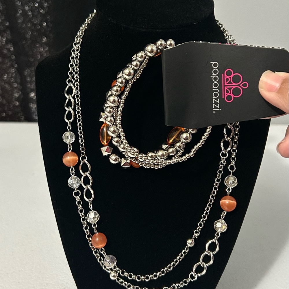 Paparazzi Silver Orange Multi-Strand Necklace set